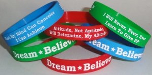 SAMPLE custom wristband for The Miracle League of Manasota ;  We can customize your Dream-Believe-Achieve™ wristbands wth your team, school, business or group name with your colors, logos or slogans.